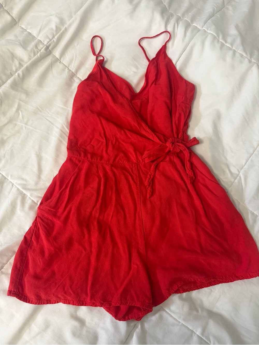 Red Satin-Feel Wrap Romper - Women